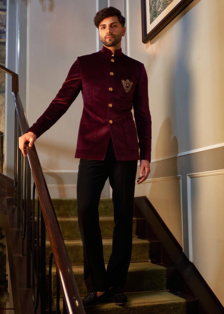 Irish maroon velvet Bandgala