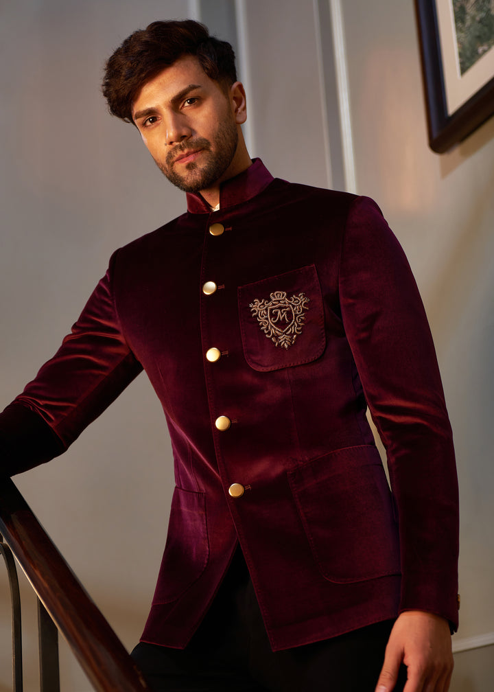 Irish maroon velvet Bandgala